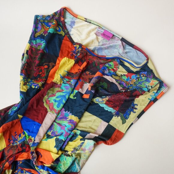 Save The Queen Tops - Save The Queen Printed Patchwork Graphic Sleeveless Wrap Blouse - Size Medium
